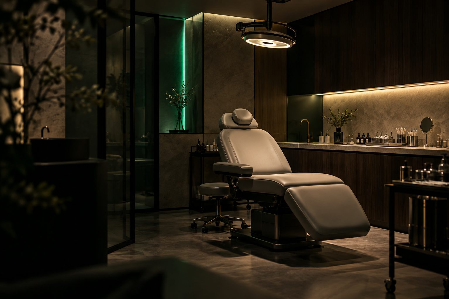 An immaculate treatment room at night, lit by a soft emerald accent