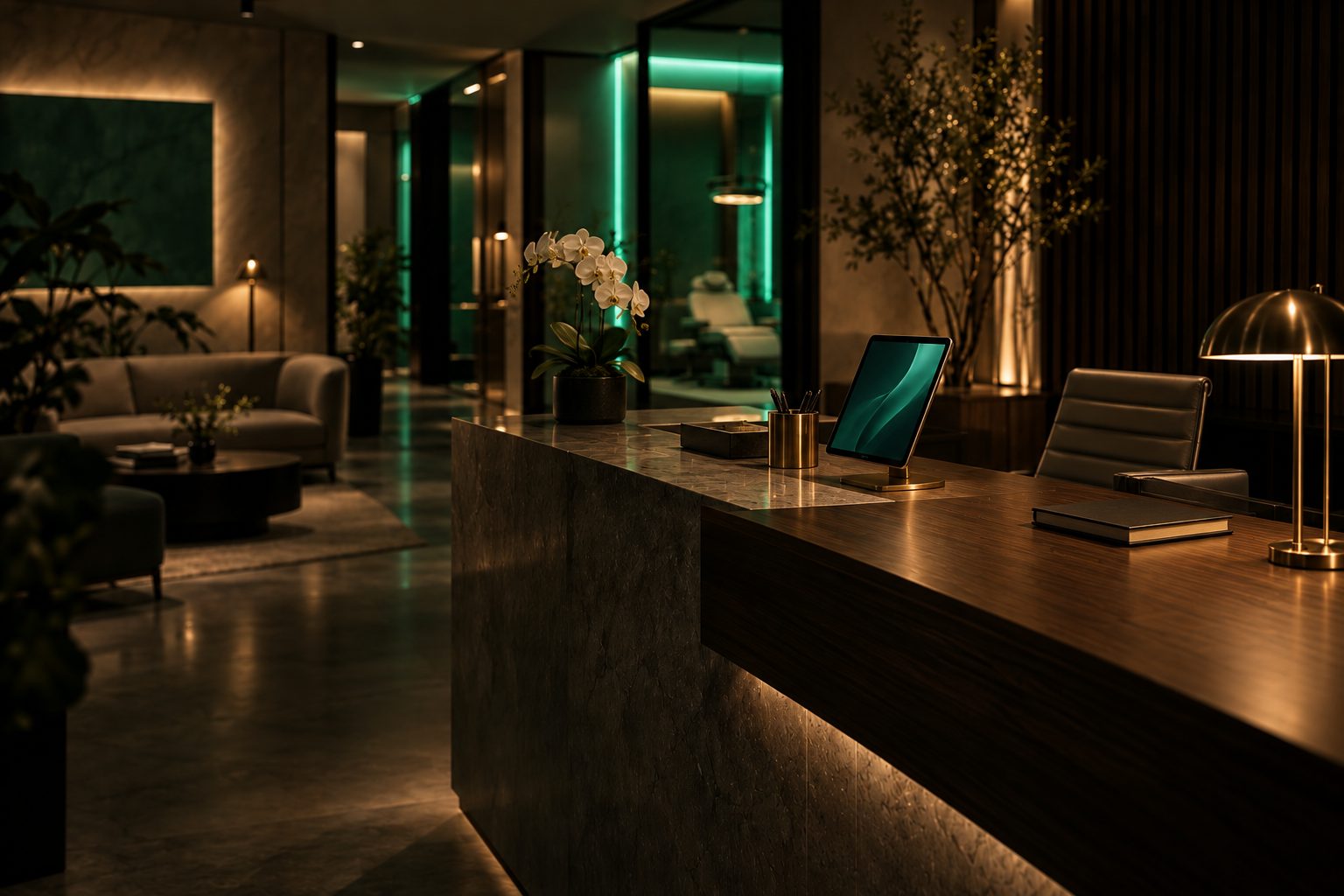 The same reception desk, calm and ordered, with a tablet glowing emerald